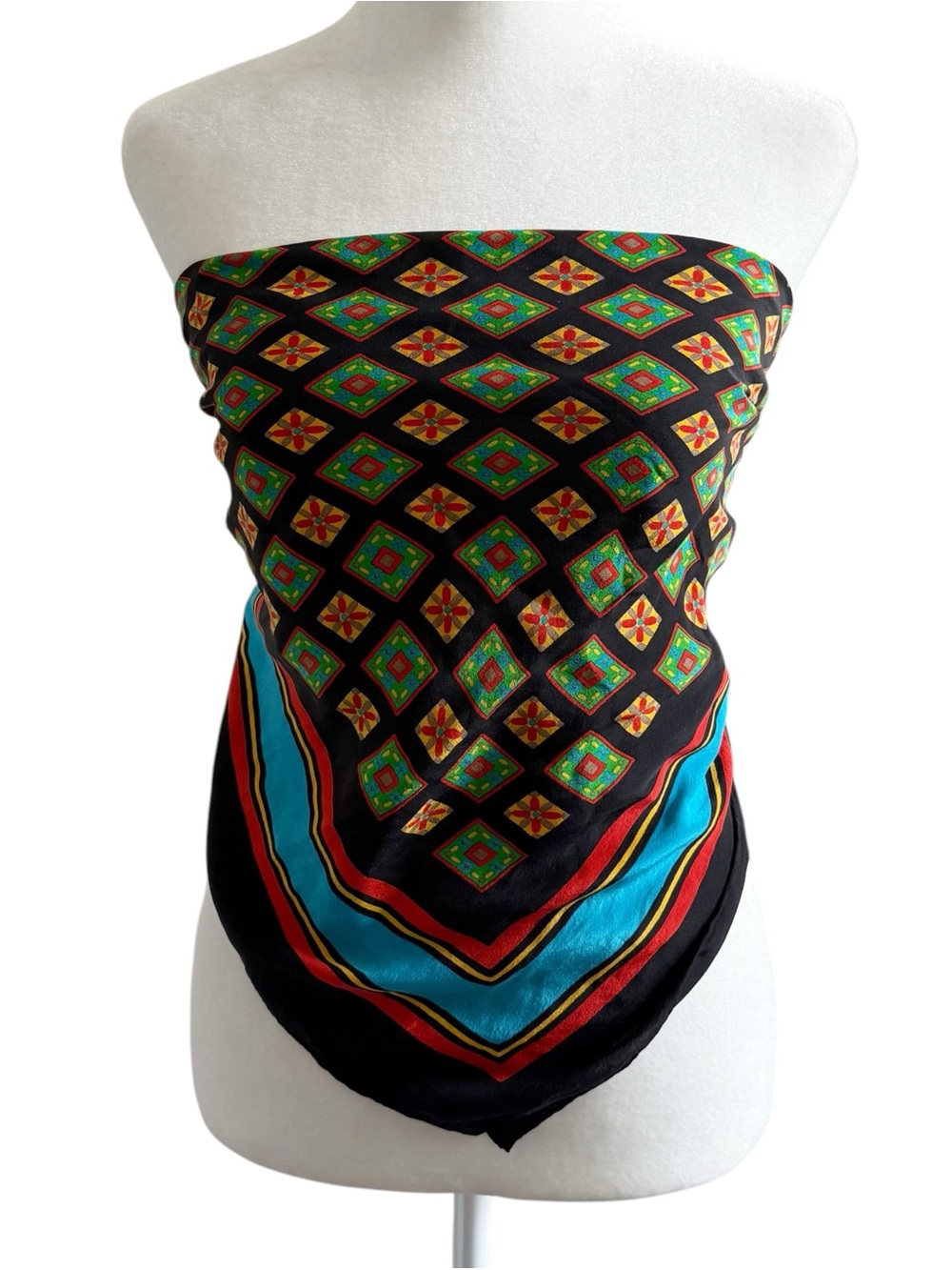 Vintage YSL 100% Silk Tie Waist Scarf Top 31.5" Colorful Geometric Mod Boho Y2K